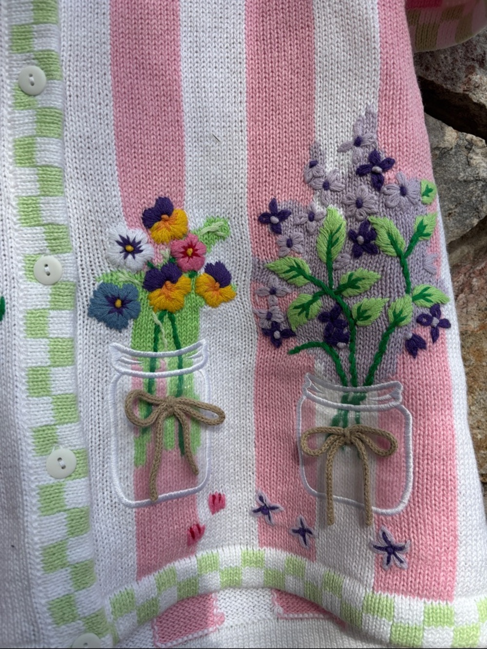 Vintage Pink & White Striped Embroidered Short-Sleeve Cardigan with plants - Picture 3 of 7